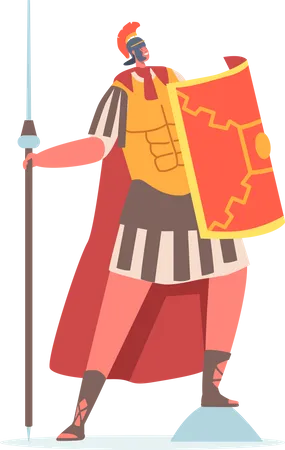 Soldado romano sosteniendo lanza y escudo  Ilustración