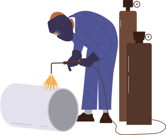 Soldador profesional en el lugar de trabajo soldando la construcción de tuberías metálicas con un soplete de corte de gas brillante  Ilustración