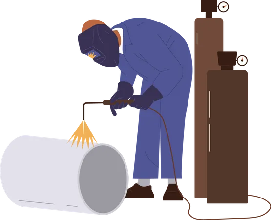 Soldador profesional en el lugar de trabajo soldando la construcción de tuberías metálicas con un soplete de corte de gas brillante  Ilustración