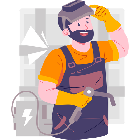 Soldador sonriendo después de completar el trabajo  Ilustración