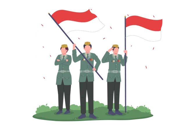 Soldados Comemorando O Dia Da Independencia Da Indonesia Ilustração