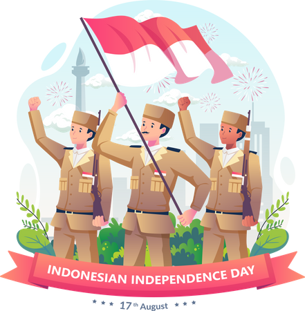 Soldados indonesios con rifles y sosteniendo la bandera de Indonesia  Ilustración