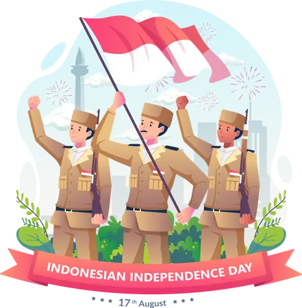 Soldados indonesios con rifles y sosteniendo la bandera de Indonesia  Ilustración