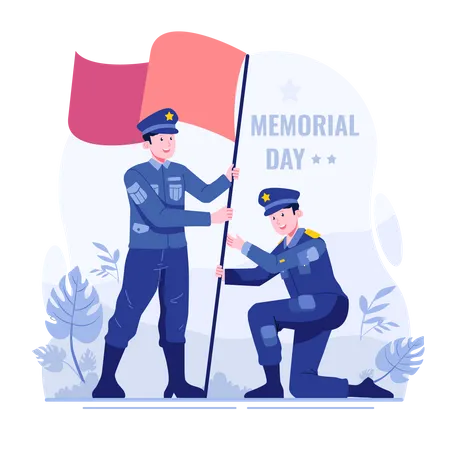 Soldados sosteniendo banderas con orgullo en el día conmemorativo  Ilustración