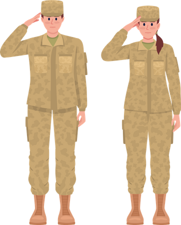 Soldados masculinos y femeninos saludando  Ilustración