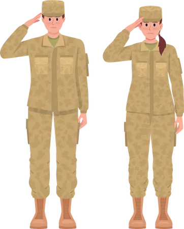 Soldados masculinos y femeninos saludando  Ilustración