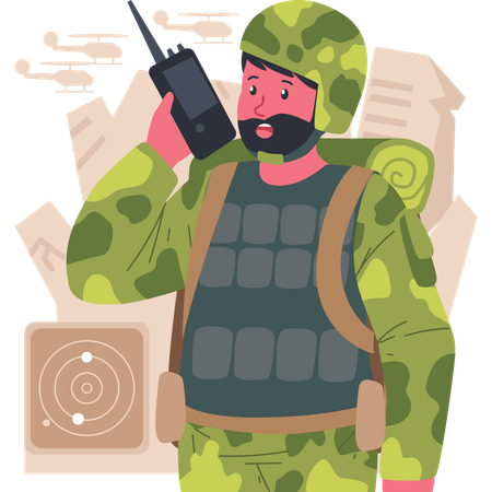 Soldat parlant sur un talkie walkie  Illustration