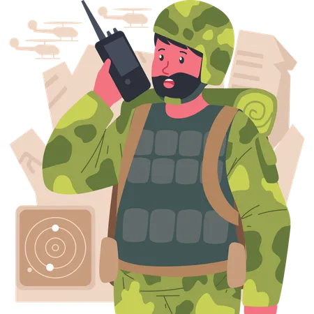 Soldat parlant sur un talkie walkie  Illustration