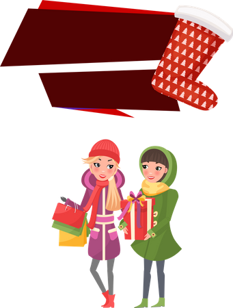 Vente De Noël Amis Femme Shopping Ensemble  Illustration