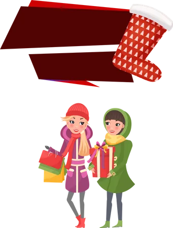 Vente De Noël Amis Femme Shopping Ensemble  Illustration