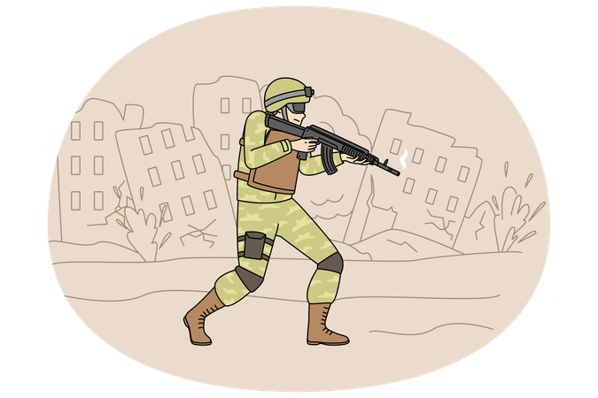 Soldier in uniform with gun walking destroyed city protecting land  Illustration