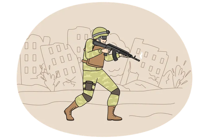 Soldier in uniform with gun walking destroyed city protecting land  Illustration