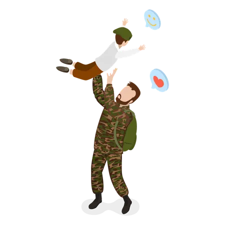 3 D Isometric Flat Vector Illustration Of Soldier Returned Home Back From Military Service Illustration