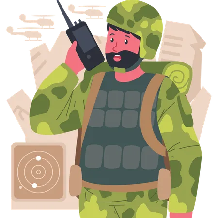 Soldier talking on walkie talkie  Illustration