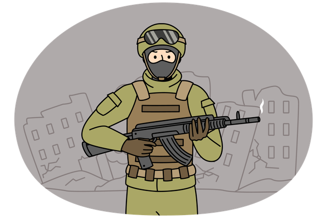 Soldier with weapon in ruined city  Illustration