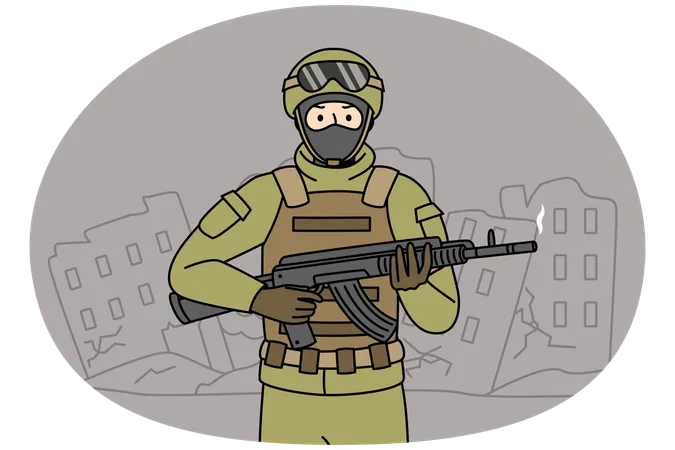 Soldier with weapon in ruined city  Illustration