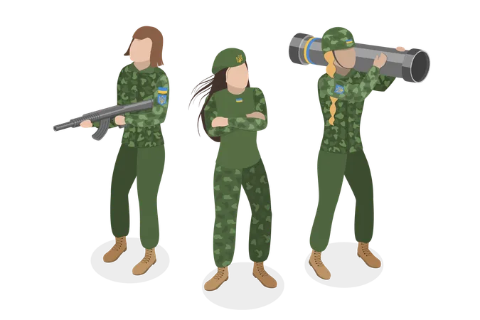 3 D Isometric Flat Vector Set Of Ukrainian Woman Soldiers Fight On War For Independence Illustration
