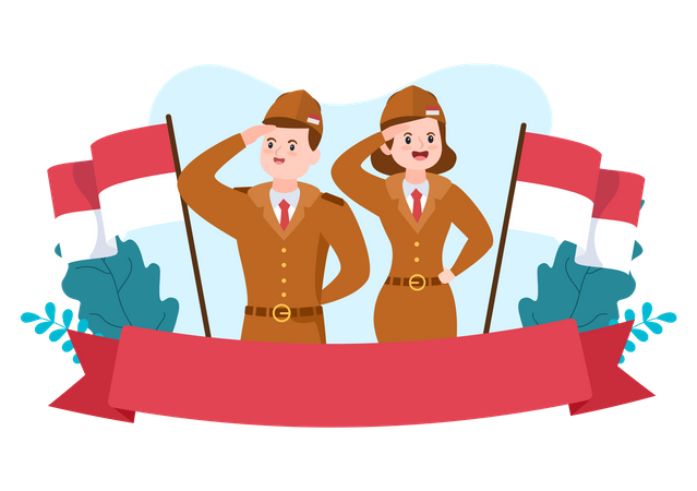 Soldiers Saluting Indonesian flag  Illustration