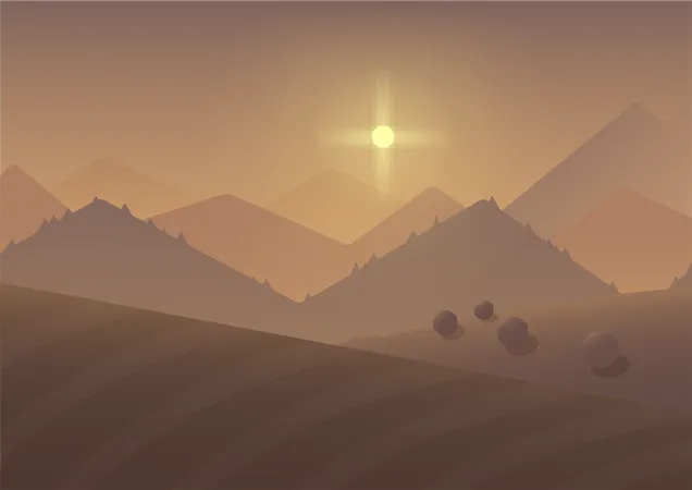 Soleil se levant au-dessus des montagnes du désert  Illustration