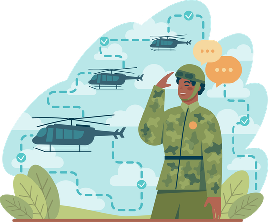 Solider giving salute to chopper of army  Illustration
