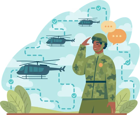 Solider giving salute to chopper of army  Illustration
