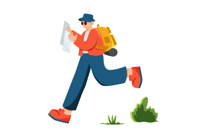 Solo traveler running towards tourist spot using map  Illustration