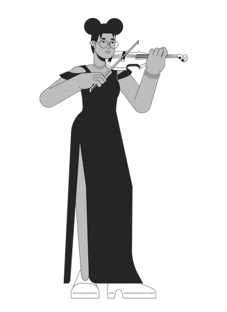 Solo Violinist Female Black And White Cartoon Flat Illustration African American Adult Woman Symphony Fiddler 2 D Lineart Character Isolated Violin Bow Holding Monochrome Scene Vector Outline Image Illustration