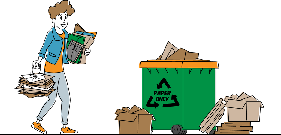 Solução de reutilização de resíduos. Personagem feminina joga lixo de papel em recipiente de lixo com sinal de reciclagem. Proteção Ecológica, Mulher Eco Ativista Problema de Poluição da Terra Resolva. Ilustração vetorial linear  Ilustração