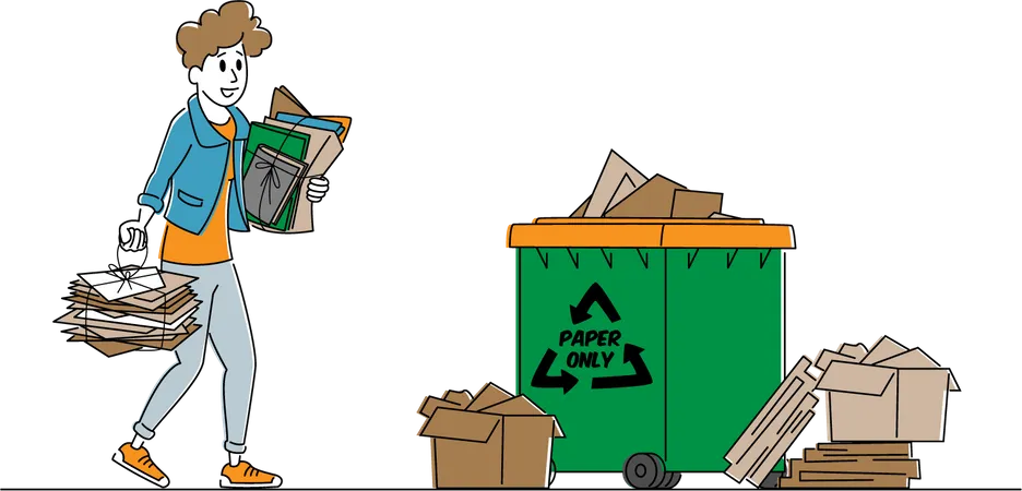 Solução de reutilização de resíduos. Personagem feminina joga lixo de papel em recipiente de lixo com sinal de reciclagem. Proteção Ecológica, Mulher Eco Ativista Problema de Poluição da Terra Resolva. Ilustração vetorial linear  Ilustração