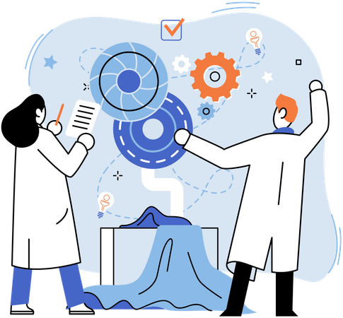 Solución de problemas en equipo. Las personas intentan encontrar soluciones y resolver problemas en la industria manufacturera y tecnológica mediante una lluvia de ideas.  Ilustración