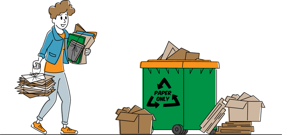 Solución de reutilización de residuos. Personaje femenino tira basura de papel en un contenedor de basura con signo de reciclaje. Protección de la Ecología, Mujer Eco Activista Problema de Contaminación de la Tierra Resolver. Ilustración vectorial lineal  Ilustración