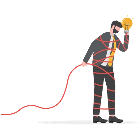 Solving Complex Problem Difficult Idea Or Complicated Solution Challenge Or Contemplation To Overcome Difficulty Concept Frustrated Businessman Holding Lightbulb Idea While Try To Solve Messy Knot Illustration
