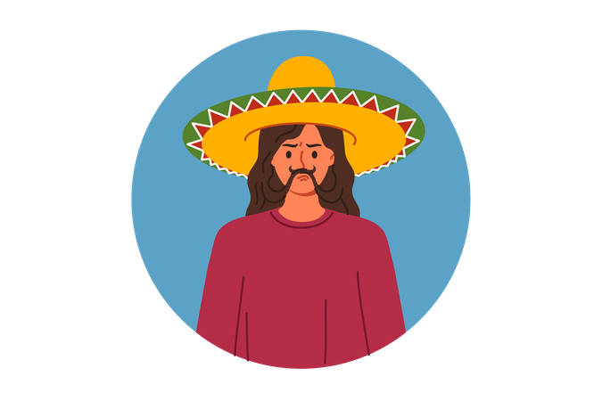 Sombrero mexicano en la cabeza de una mujer haciendo bigote con el pelo y mostrando una mueca divertida  Ilustración