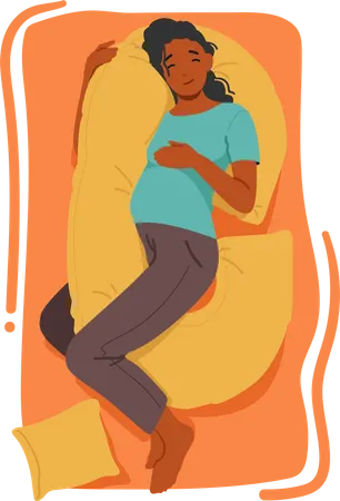 Femme enceinte qui dort confortablement et paisiblement et se repose avec un coussin spécialisé pour soutenir sa bosse.  Illustration