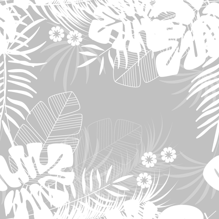 Sommer nahtloses tropisches Muster mit Monstera-Palmenblättern und Pflanzen auf grauem Hintergrund  Illustration