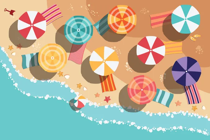 Sommerstrand im flachen Design, Meerseite und Strandartikel  Illustration
