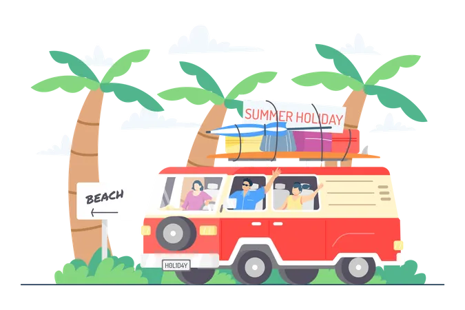 Sommerurlaub mit dem Auto am Strand  Illustration