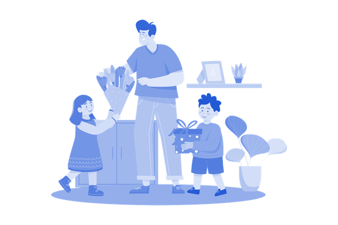 Son And Daughter Are Giving Gifts And Flowers To Father On Fathers Day  Illustration