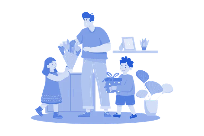 Son And Daughter Are Giving Gifts And Flowers To Father On Fathers Day Illustration