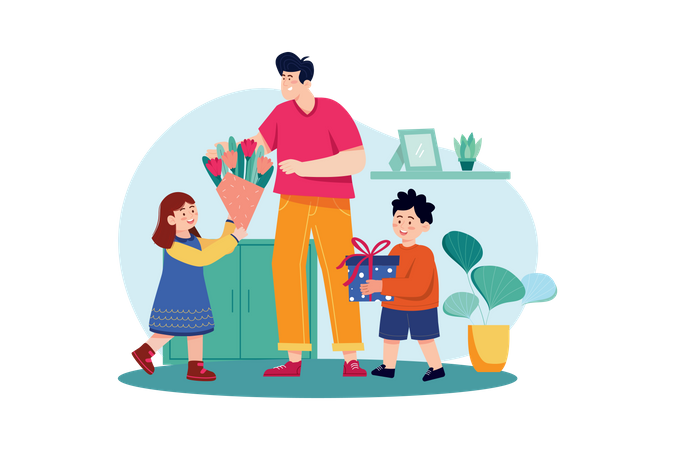 Son and daughter are giving gifts and flowers to father on fathers day  Illustration
