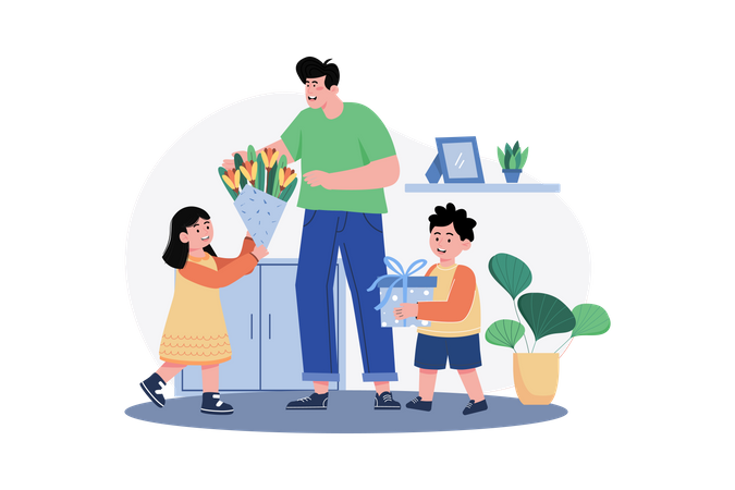 Son and daughter are giving gifts and flowers to father on fathers day Illustration