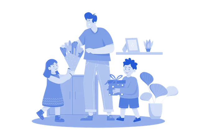 Son And Daughter Are Giving Gifts And Flowers To Father On Fathers Day  Illustration