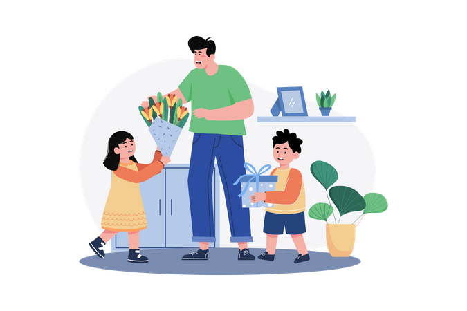 Son and daughter are giving gifts and flowers to father on fathers day  Illustration