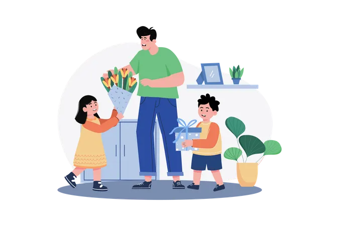 Son and daughter are giving gifts and flowers to father on fathers day  Illustration