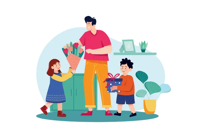 Son and daughter are giving gifts and flowers to father on fathers day  Illustration