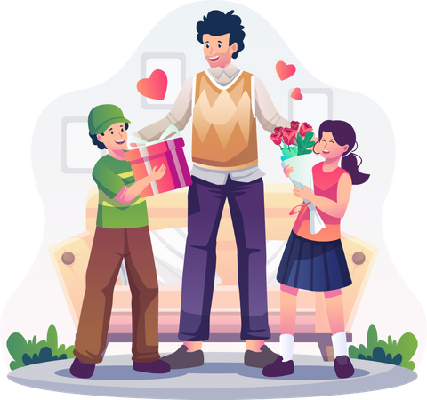 Son and daughter are giving gifts and flowers to  Father on Father's Day  Illustration