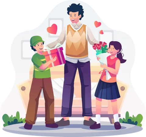 Son and daughter are giving gifts and flowers to  Father on Father's Day  Illustration