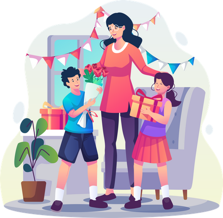 Son and daughter giving gifts and flowers to their mother Illustration