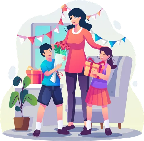 Son and daughter giving gifts and flowers to their mother  Illustration