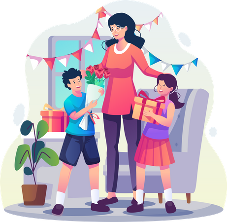 Son and daughter giving gifts and flowers to their mother  Illustration